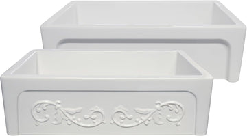 Kitchen Sink; 33" Fireclay Farmhouse Sink, Reversible Apron-Front with Vine Design and Beveled Front, White