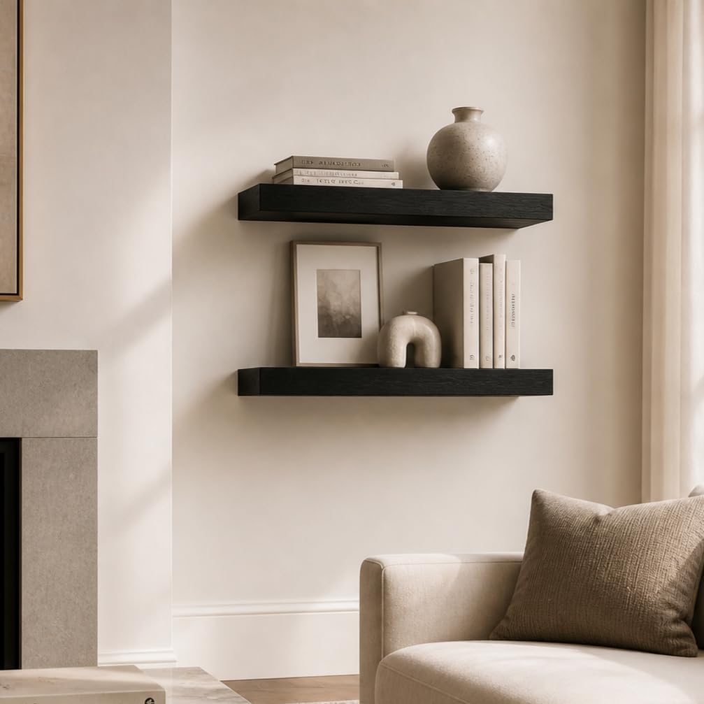 Floating Shelves 3 inch Thick for Wall Set of 2, Solid Pine Wood Wall Mount Shelf Living Room Bedroom Bathroom, 8" D x