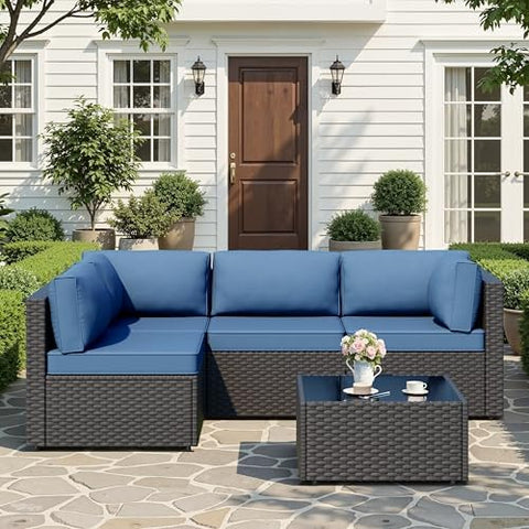 5-Piece Wicker Outdoor Patio Furniture Set - Conversation | Aegean Blue with Thick Cushions for Backyard, Garden & Porch