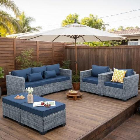 5-Piece Wicker Outdoor Patio Furniture Set - Conversation | Navy Blue All-Weather Resistant for Patio, Garden & Porch