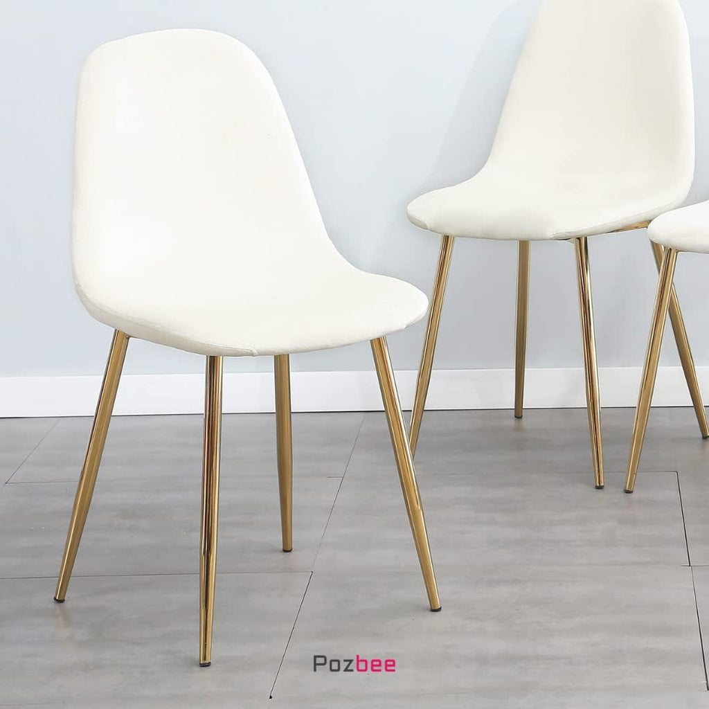 Cream Velvet Dining Chair Set of 4, Midcentury Modern Kitchen Chairs with Gold Chrome Legs, Elegant Dining Room