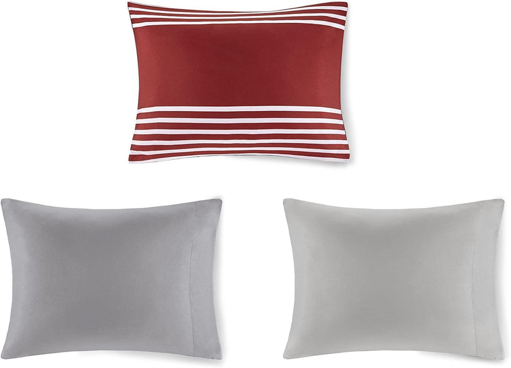 Comforter Sets with Sheets - Bed in a Bag 9 Pieces Teen Bedding Sets , Red and Grey Stripes Bedding Full