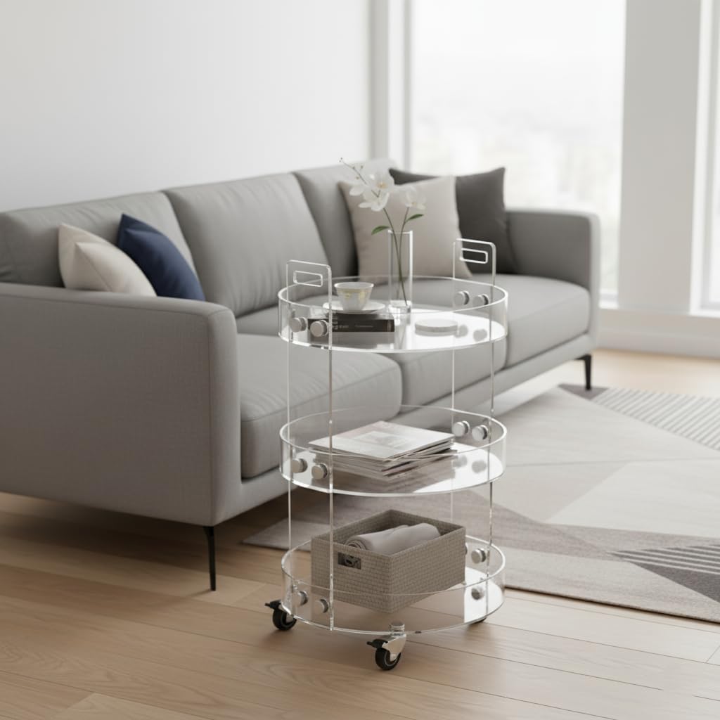 Round Acylic Serving Cart ,Acylic Side Table on Wheels,Rolling Beverage Storage Shelf Dining Room (2615 (3-Layer))