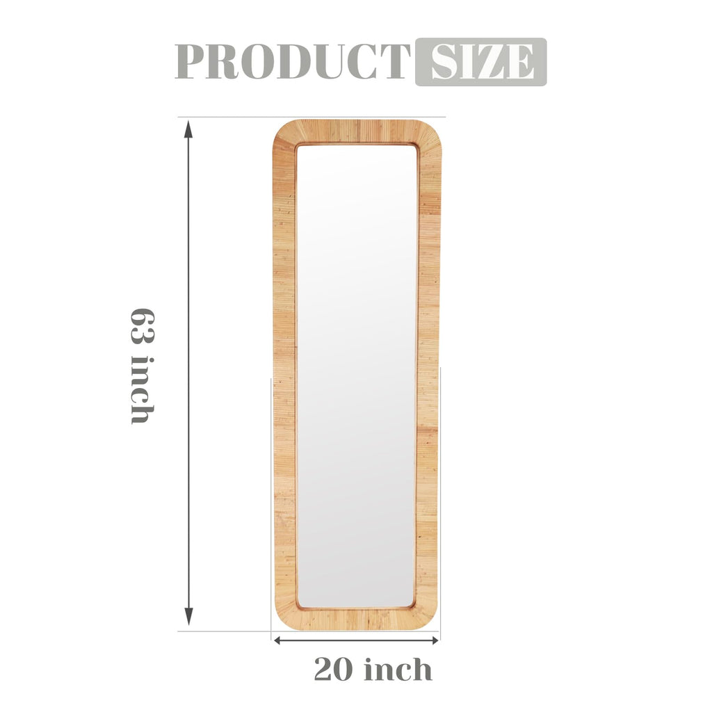Rattan Full Length Mirror, Rectangle 63X20 Full Body Bathroom Boho Wicker Vanity Coastal Farmhouse Wood Wall Mirror