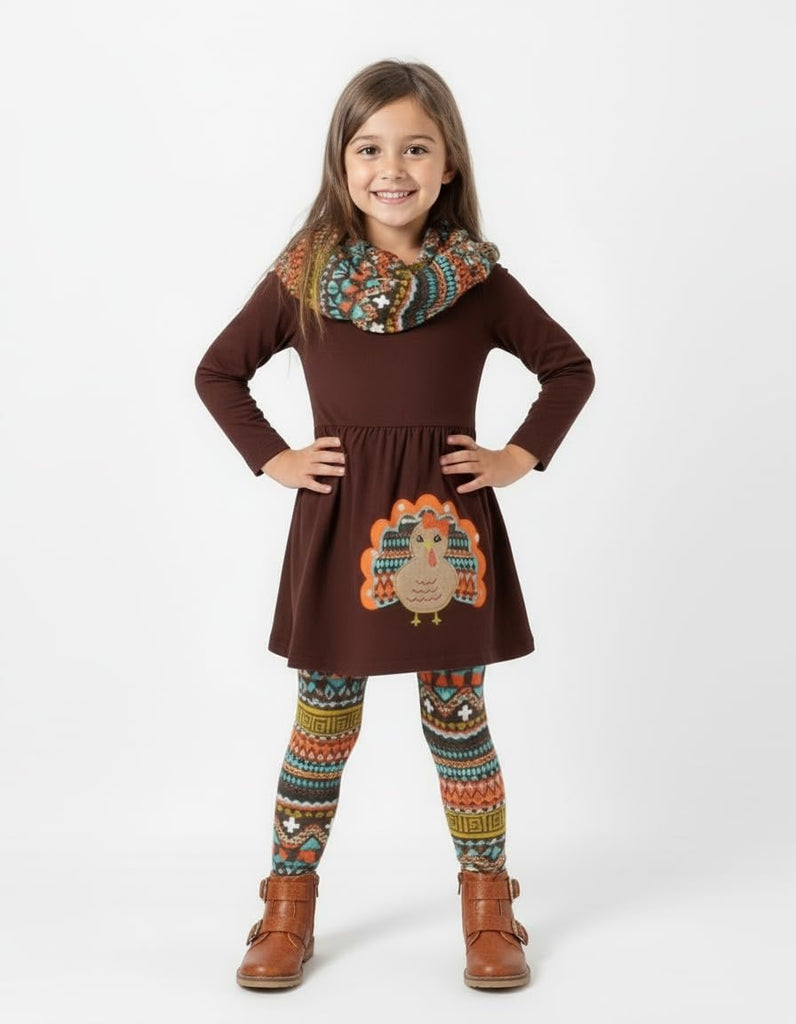 Toddler Girls 3 Piece Colorful Aztecan Thanksgiving Turkey Legging Set ( /M, Brown)