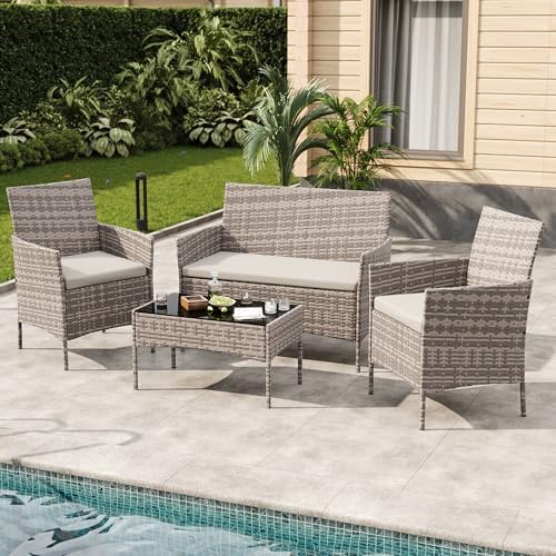 4-Piece PE Rattan Outdoor Patio Furniture Set | Gray All-Weather Resistant for Backyard, Garden & Porch