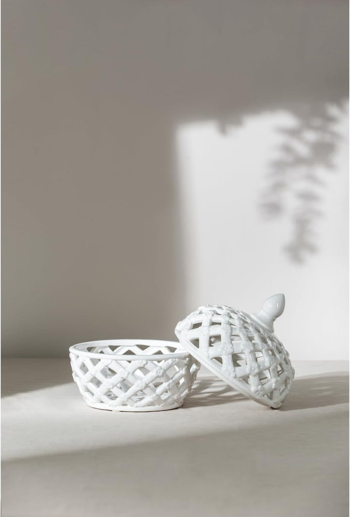 D8X9.5 White Ceramic Lidded Jar with Lattice Design - White - Delicate Lattice Design with Tiny Flowers - Tabletop