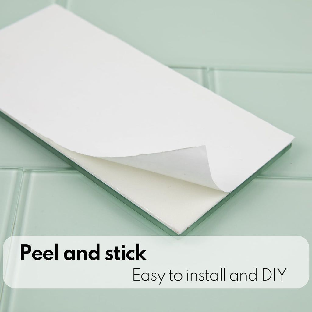 Peel and Stick Glass Subway Tile, 3 x 6 Inch, 5 Sq Ft, Light Green Glass Kitchen Backsplash Wall, 40-Pack