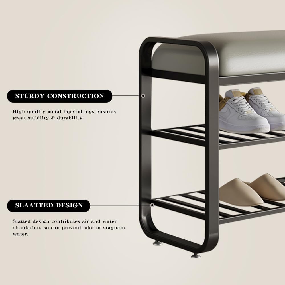 Shoe bench, entryway bench with shoe storage, modern shoe rack bench with cushion upholstered padded seat 3 Tier metal