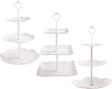 Tiers White Plastic Cupcake Stand Dessert Stand Tiered Serving Trays - Round, Square, Flower - Set of 3