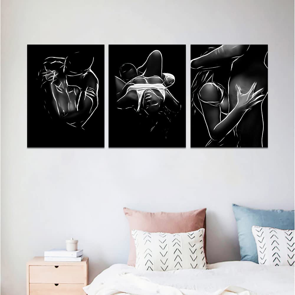 3 Piece Black and White Sexy Abstract Woman Man Canvas Wall Art 12x16 Inch