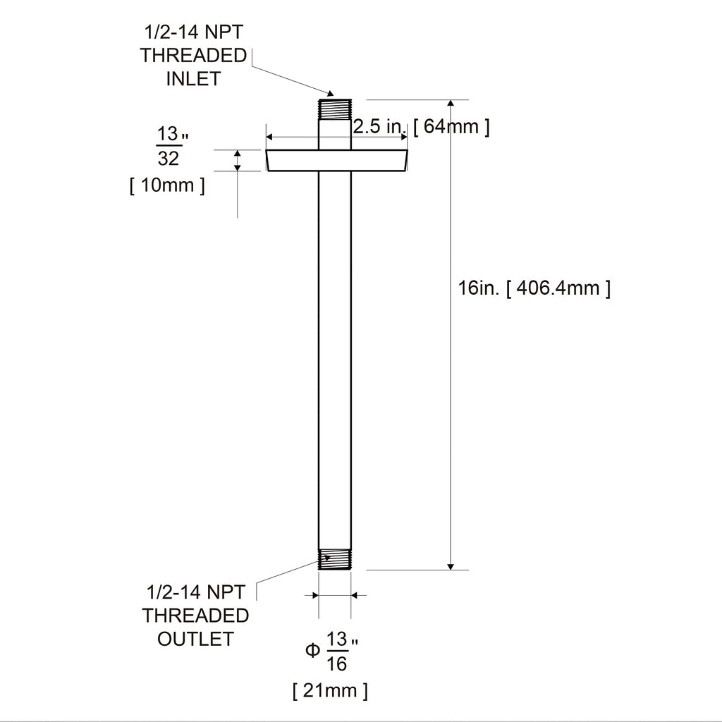 Shower Arm with Flange, 16 in Ceiling Mount Replacement Rain Shower Head Straight Arm Ceiling-Mounted For Fixed