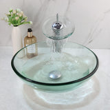 Clear Glass Vessel Sink with Chrome Faucet and Pop-Up Drain Set 17 Inch Round Bathroom Tempered Glass Basin Top Mount
