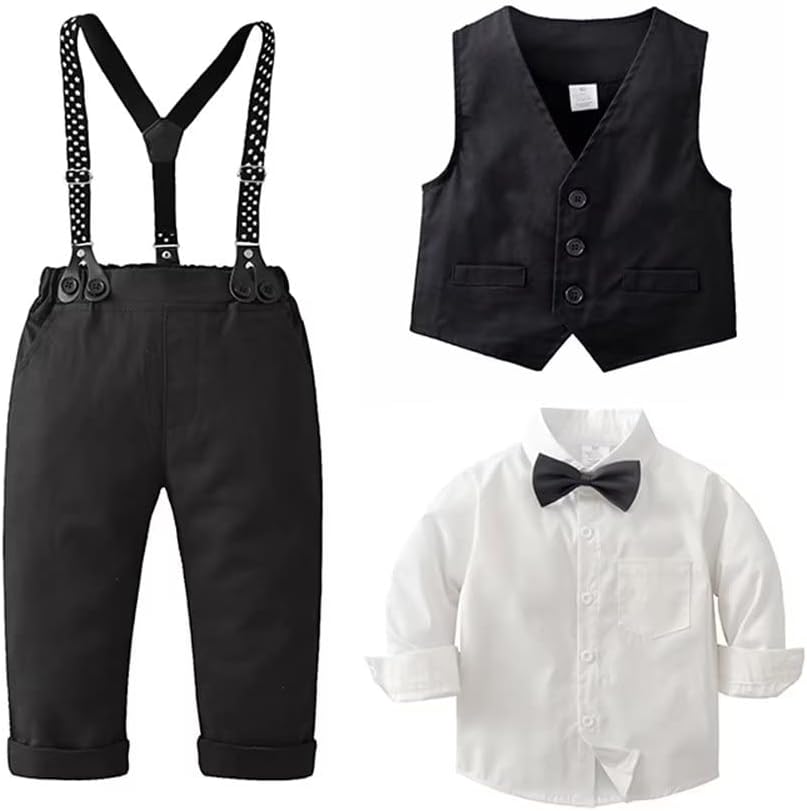 Puremlik Boys' Piece Gentleman Outfits Set with Dress Shirt Bow Tie Vest and Pants for Toddler