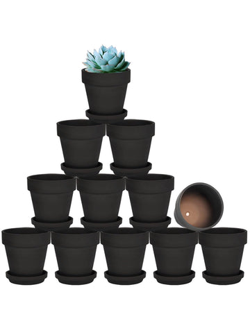 3 Inch Black Terracotta & Clay Pots with Saucer, 12 Pack