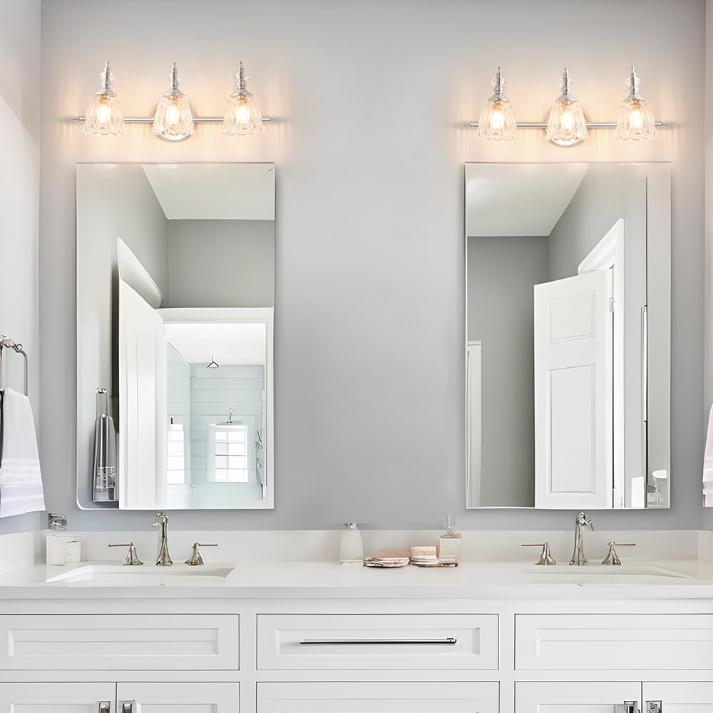 Brushed Nickel Vanity Light, Antique Bathroom Vanity Light Over Mirror, 3 Light Lighting Fixture with Flower Glass