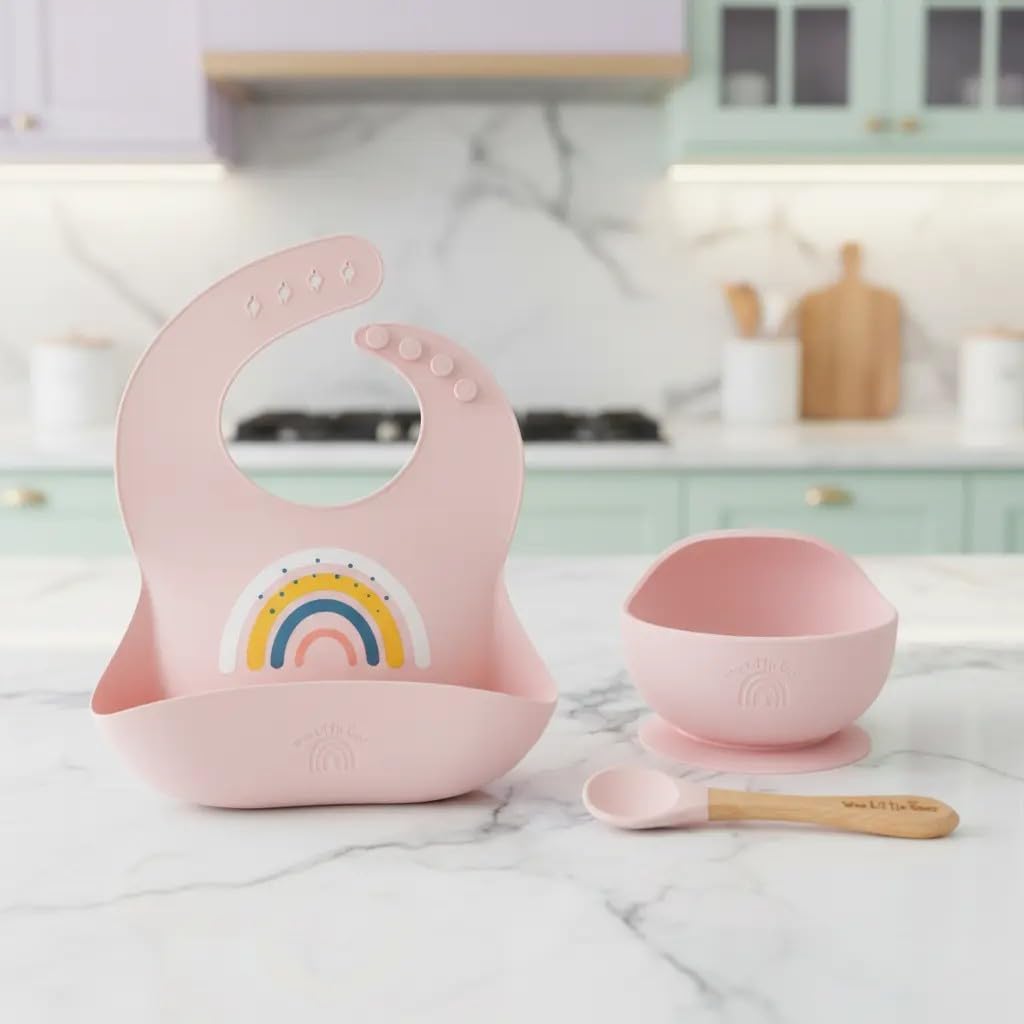 Silicone Bib and Suction Bowl Set - Baby Led Weaning Feeding Set with Adjustable Bib, Food Catcher Pocket, Strong