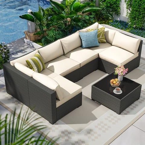 7-Piece Rattan Outdoor Patio Furniture Set - Conversation | Beige with Thick Cushions for Patio, Garden & Porch