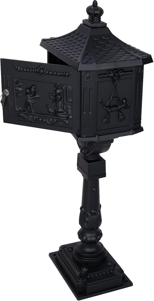 Cast Aluminum Mailbox with Post, Heavy Duty Postal Mail Box with 2 Keys, Expansion Bolts