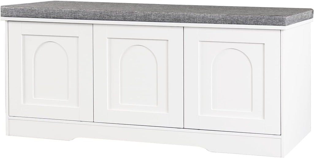 Shoe Storage Bench with Cushion, Door, White 39.4" LX17.7 H | Entryway Bench, 2-Tier Cabinet Bench, Widened Cubby