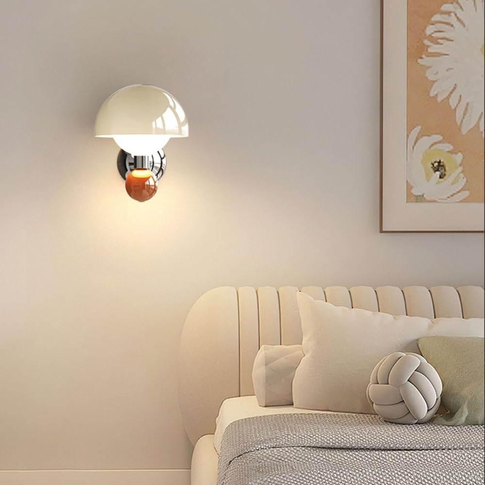 Modern Mushroom Wall Sconce, Minimalist Cream White Glass Globe Lamp, Chrome LED Bedside Lighting, Aesthetic Wall