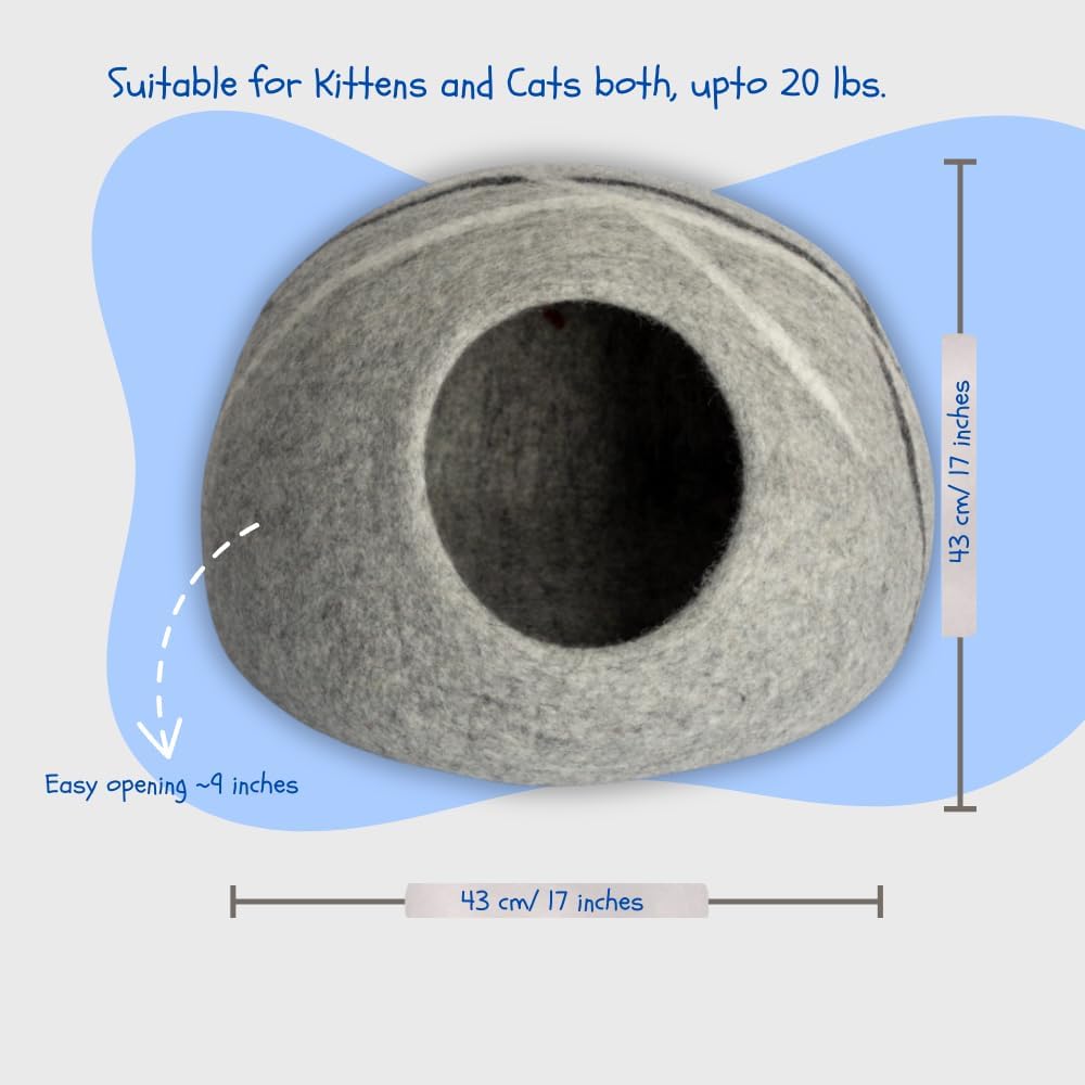 Felt Cat Cave - 17x17x12 in Merino Wool Cat Bed for Indoor Cats, Hideaway Pod (Gray, up to 20 lb)