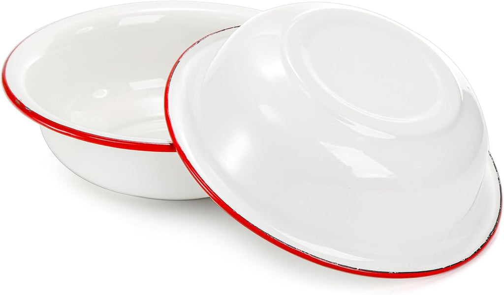 3 Pack 8 Inch Enamel Bowl, 34 Oz Large Enamel Mixing Bowl Reusable Enamel Salad Bowl, Vintage Red and White