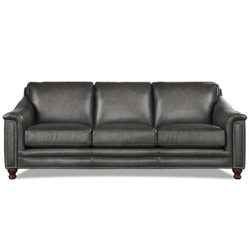 Belfast Top Grain Leather Sofa Couch, 91.5", Ash Gray, Feather Down, Memory Foam and Springs Seating
