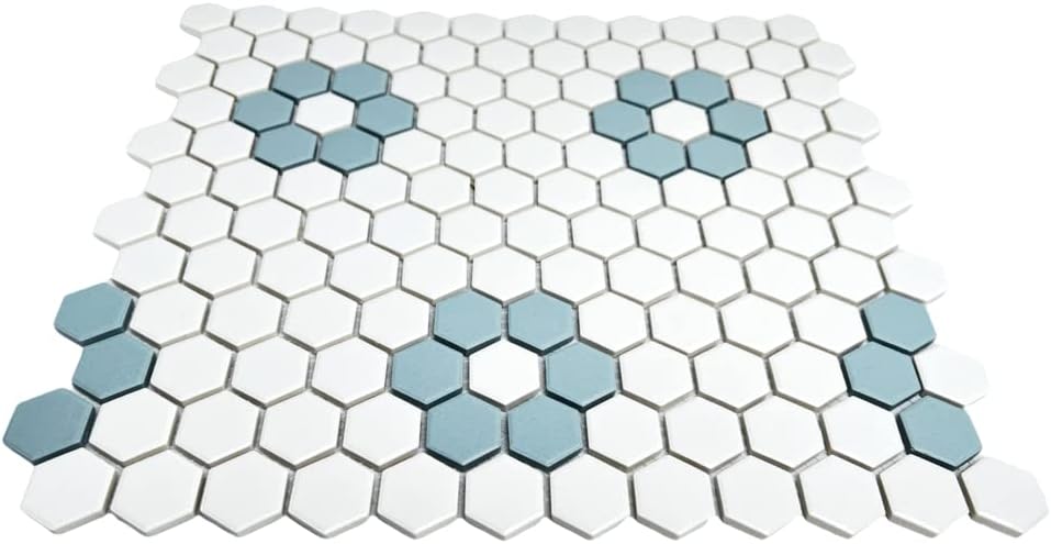White Sky Blue Flower Hexagon Porcelain Mosaic Floor and Wall Tile Backsplash, Pool Tile, Bathroom Floor, Accent Wall