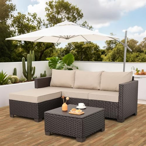 3-Piece Wicker Outdoor Patio Furniture Set | Khaki All-Weather Resistant for Patio, Garden & Porch