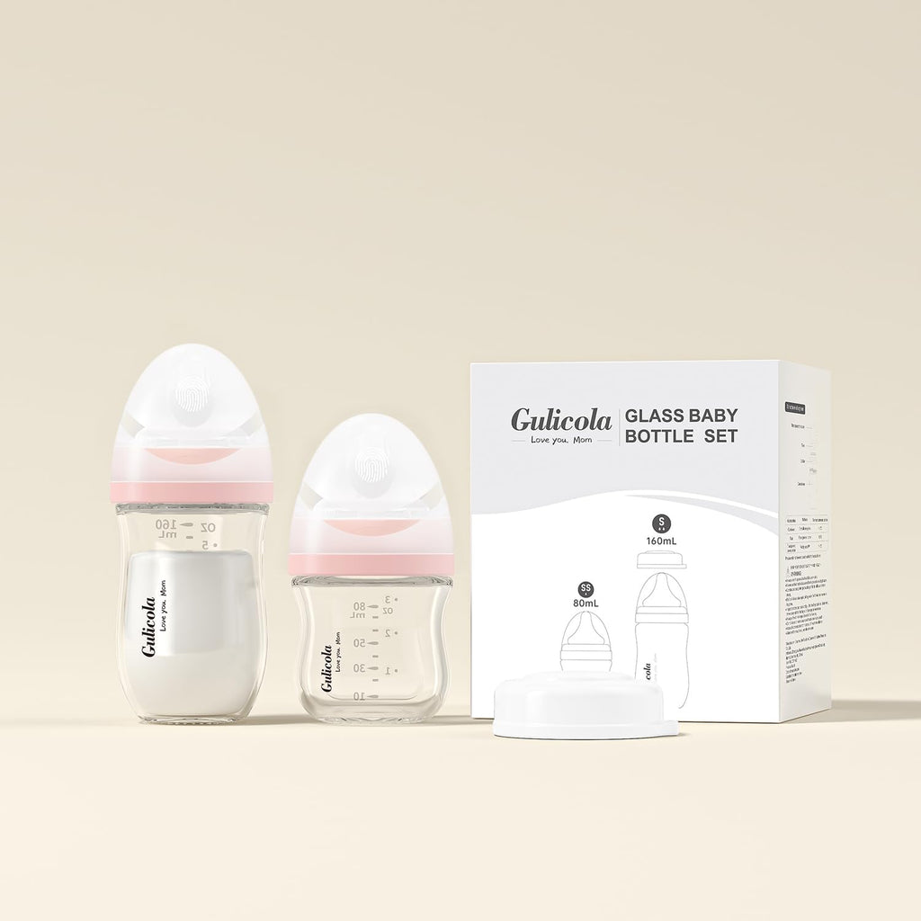 Natural Glass Baby Bottle Newborn Set, 3 oz and 5 oz with Extra Slow Flow & Slow Flow Nipple, Anti Colic, 0-3 Months
