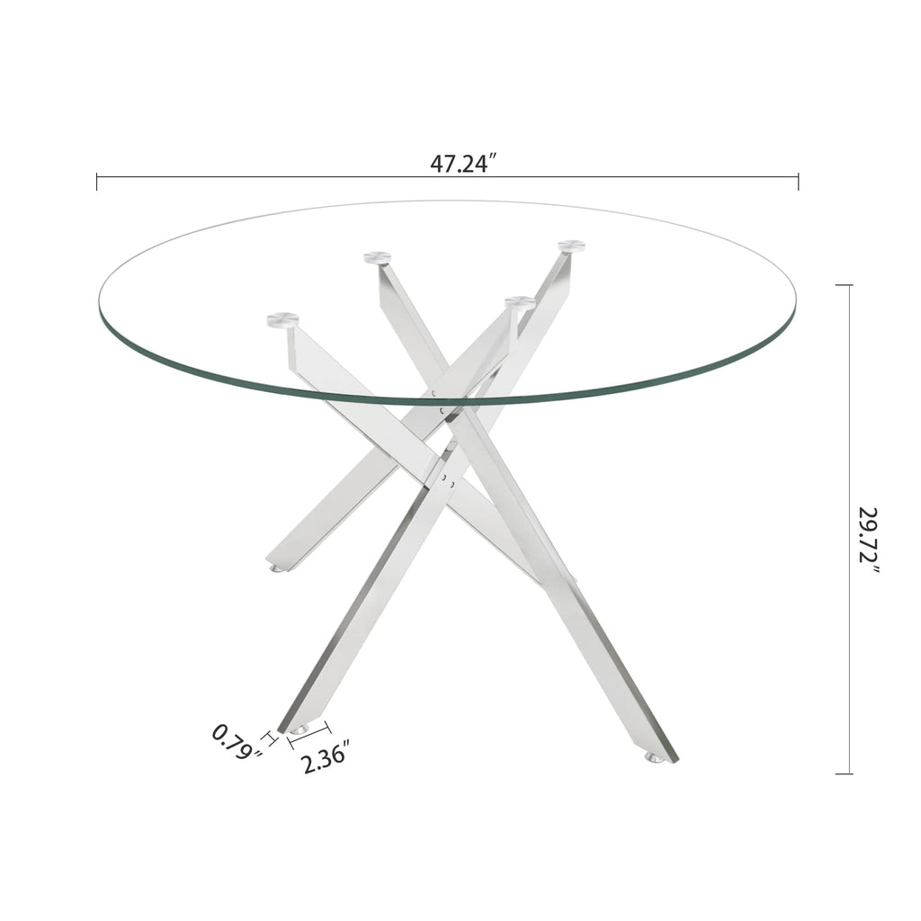 7-Piece Round Glass Dining Table Set for 6, 47" Circle Kitchen Table with 6 Black Velvet Chairs Modern Silver Glass
