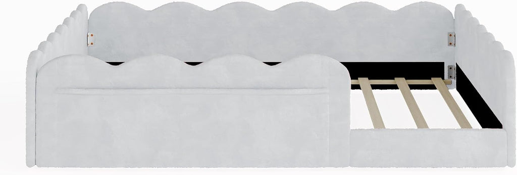 Upholstered Floor Bed with Guardrail, Montessori Kids Bed Frame with Round Fence, Light Gray