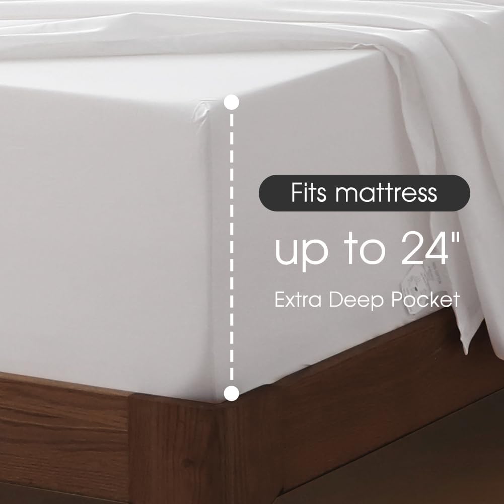 Extra Deep Pocket King Sheet Sets Fits 18"-24" in Deep Mattress -100% Cotton King Sheet Set,White Hotel Crisp Soft