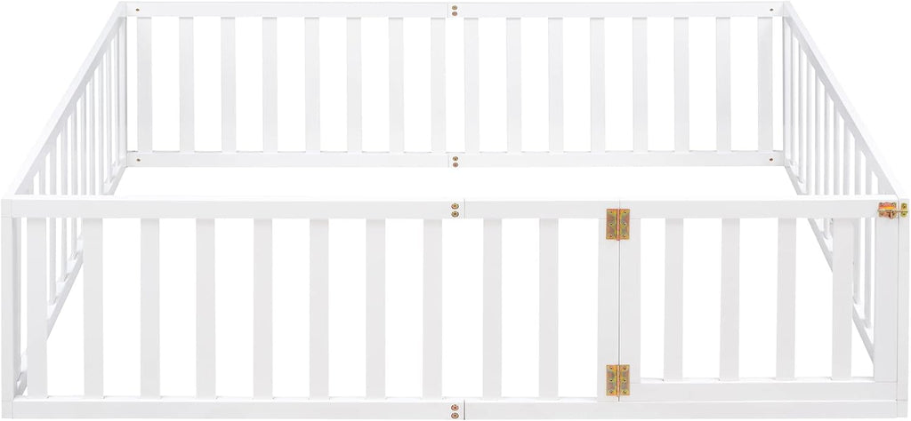 Montessori Floor Bed Frame with High Fence and Door, Full Floor Bed for Kids, Girls & Boys, Easy Assemble Montessori