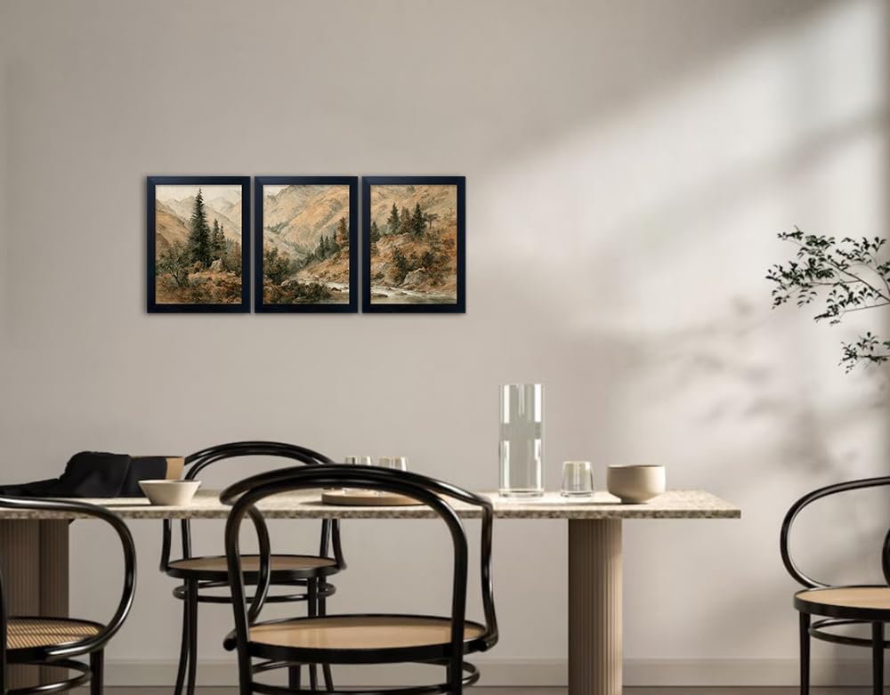 Framed Landscape Mountain Painting Autumn Forest Wall Art 3 Piece Nature Canvas Print Vintage Fall Picture Artwork
