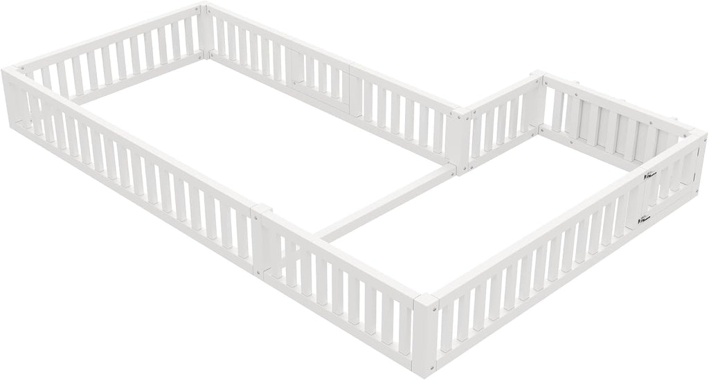 L Shape Double Floor Bed with Bookcase & Lockable Safety Gate, Montessori Bed Frame with Storage for