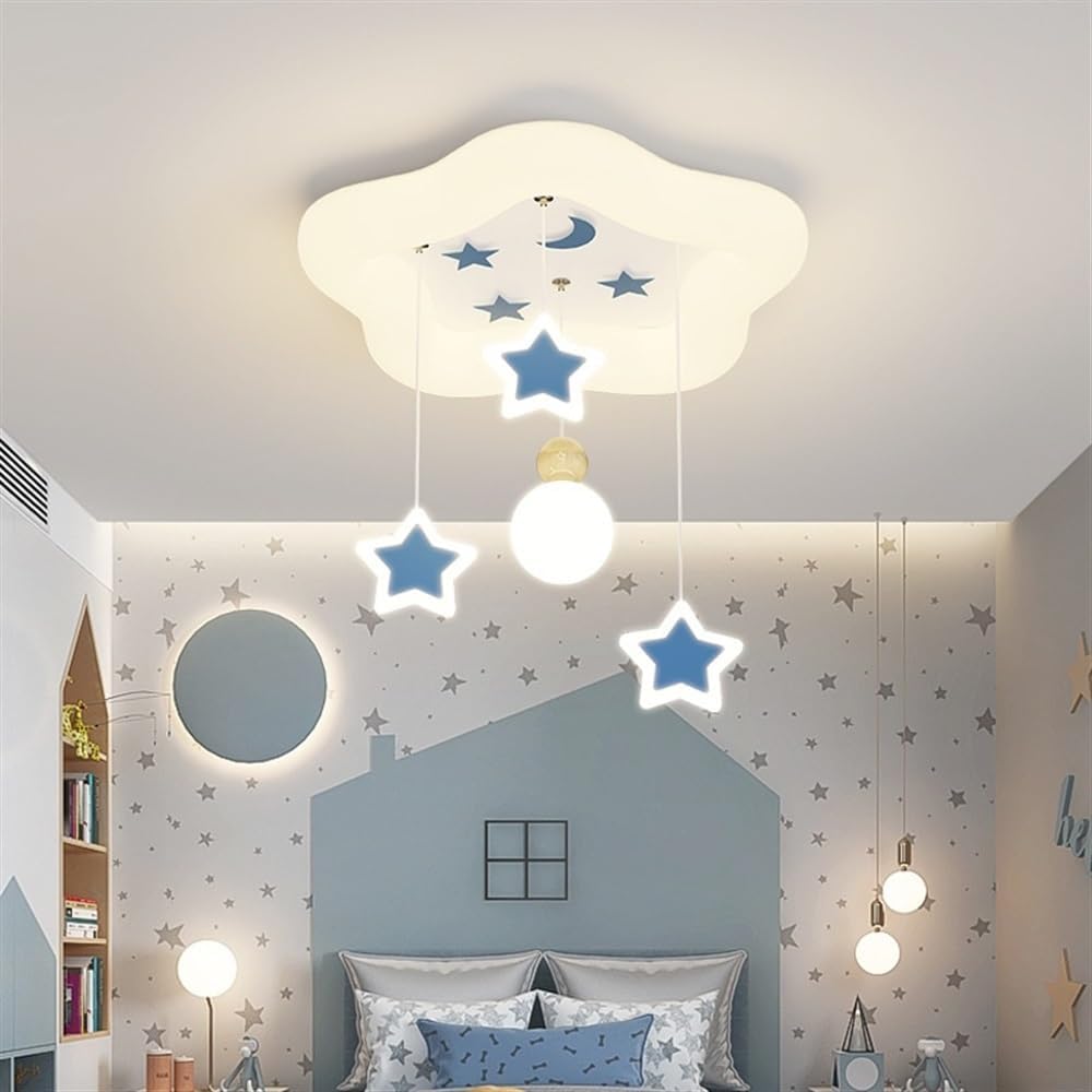 Modern Kids LED Ceiling Light Cloud Shaped Flush Mount Ceiling Lamp Hanging Stars and Moon Pattern Blue or Pink