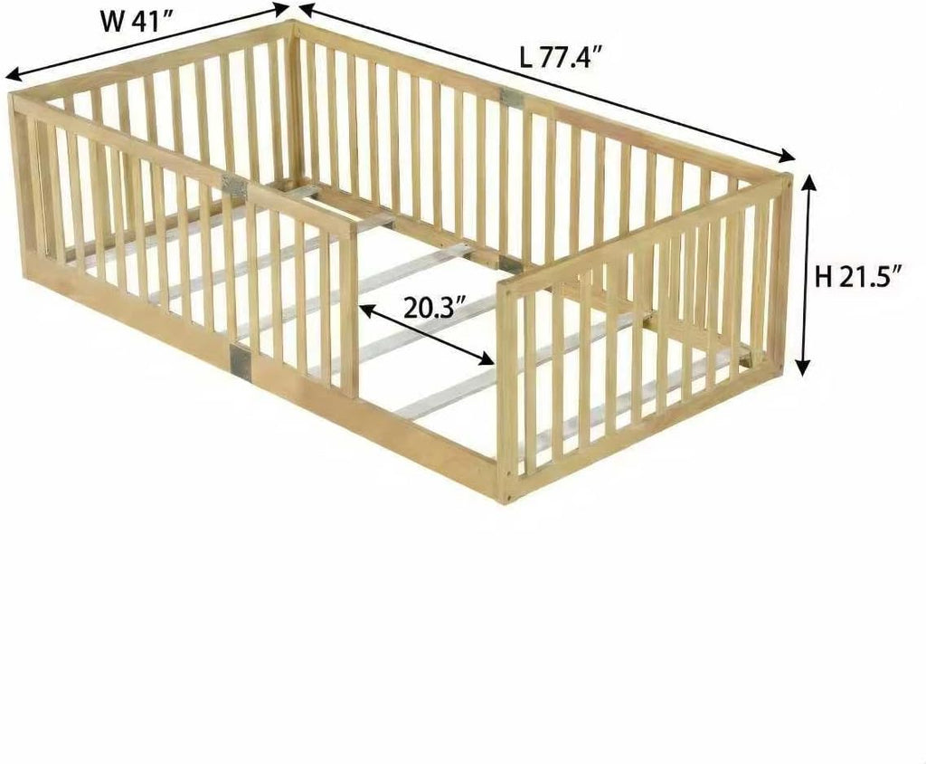 Toddler Floor Bed with High Rails, Natural