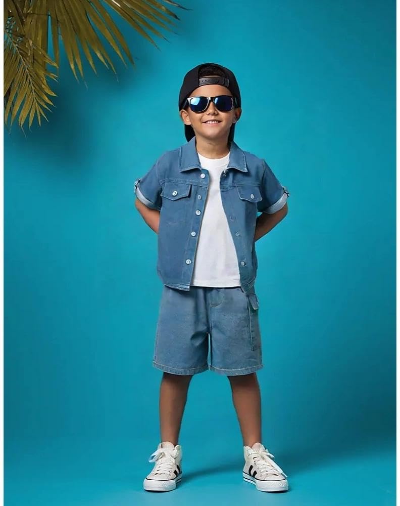 Klyatpxen 2Pcs Toddler Boys Denim Outfit Short Sleeve Button Up Jean Jacket Denim Shorts Summer Spring Clothing Set