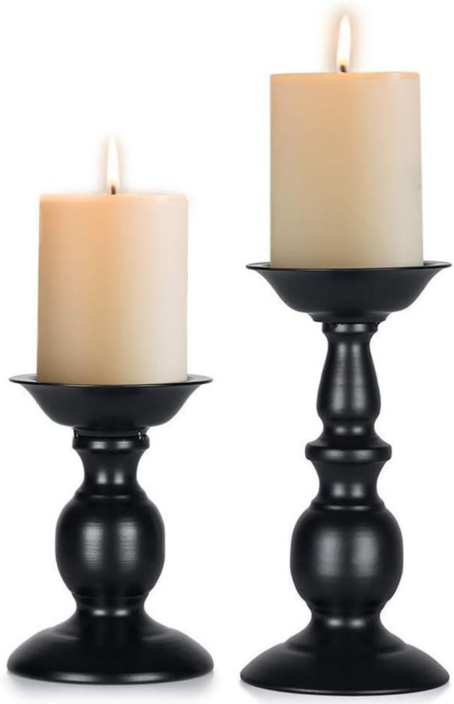Black Candle Holder for Pillars: Rustic Metal Candle Stands Set | Tall Retro Farmhouse Candleholder 2 Pcs (S + L) for