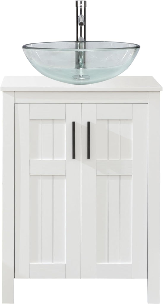 UEV White 24" Bathroom Vanity with Sink Combo,Modern Vanity with Vessel Sink,Stylish Bathroom Vanity Cabinet,Grooved