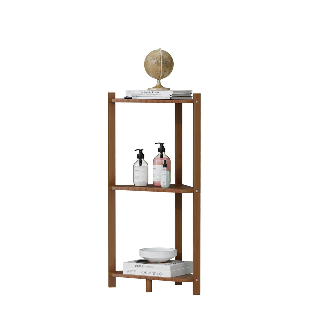 Bamboo Small Corner Shelf Stand, 3-Tier Brown Corner Bookshelf