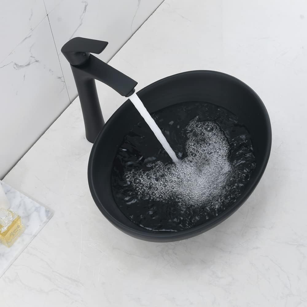 Oval Black Vessel Sink with Faucet and Drain Combo -Bokaiya 16x13 Ceramic Bathroom Sink Above Counter Vessel Oval