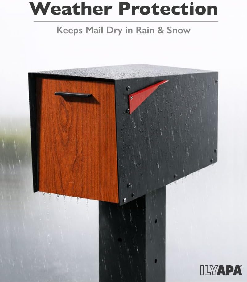 Modern Mailbox Post Mount - Large Mailbox - Black Metal Mail Box - Powder Coated Steel - All Weather Resistant