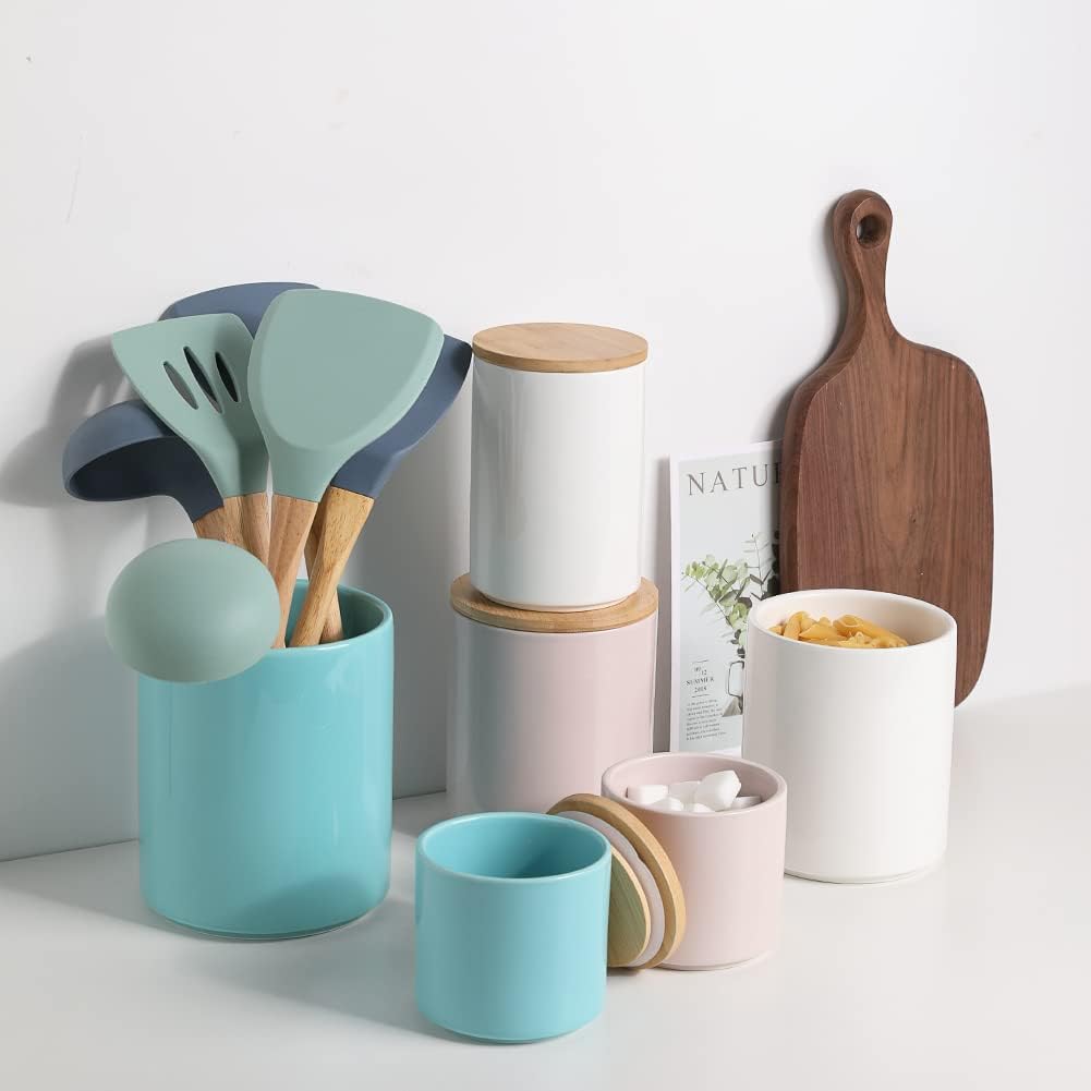 Kitchen Canisters Ceramic Food Storage Jar Set, Stackable Containers with Airtight Seal Wooden Lid for Serving Ground - Set of 4