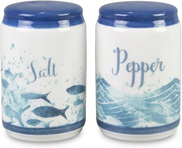 Beachy Blue Fish & Ocean Waves Ceramic Salt & Pepper Shakers - Set of 2