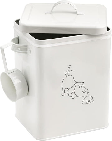 Pet Treat and Food Storage Bin with Lid and Scoop, 5LBS White Vintage Farmhouse Storage Tin, Coated Carbon Steel