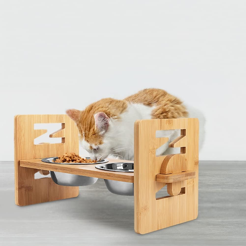 Elevated Dog Bowls, Adjustable Raised Tilted French Bulldog Food Water Bowl, Slanted Bamboo Pet Feeding Station