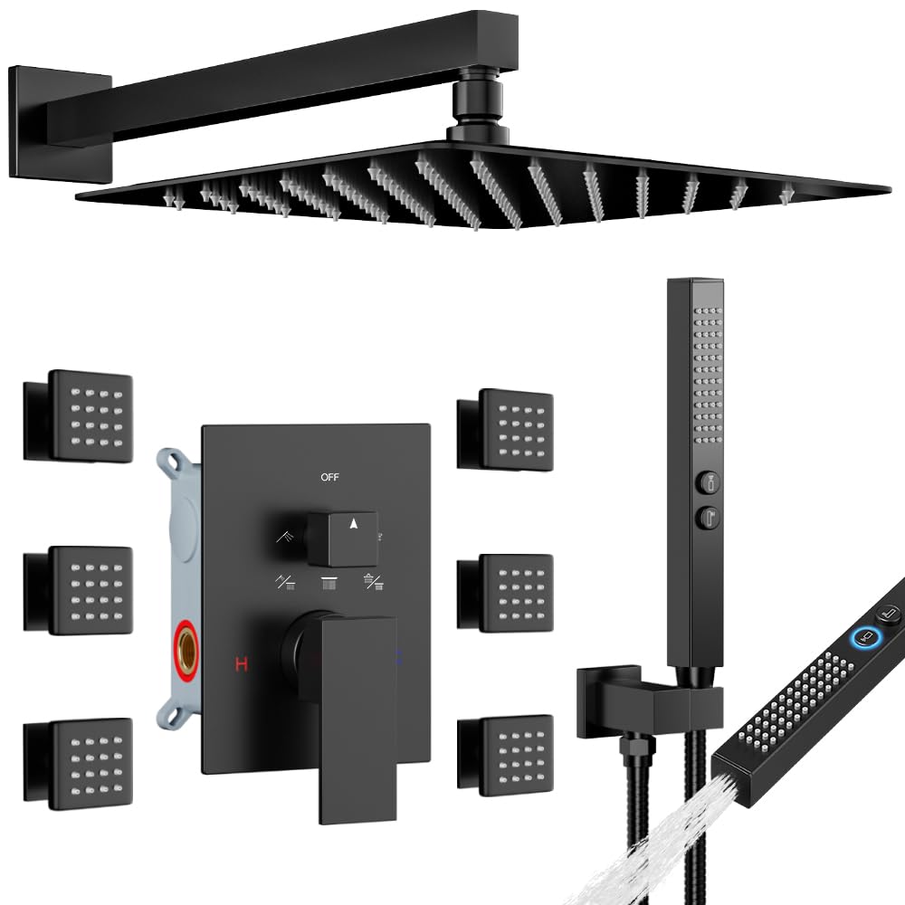 Matte Black Shower System with Body Jets, 12 Inch Rainfall Shower and Handheld Spray, Wall Mounted Full Body Shower